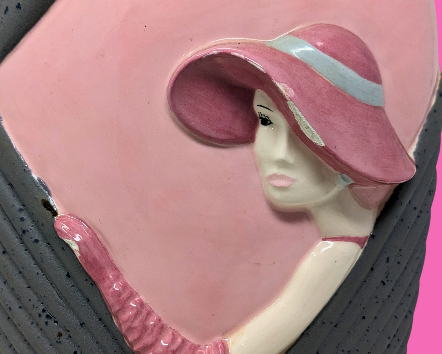 Vintage 1980's Ceramic Vase, Lady with a Pink Hat