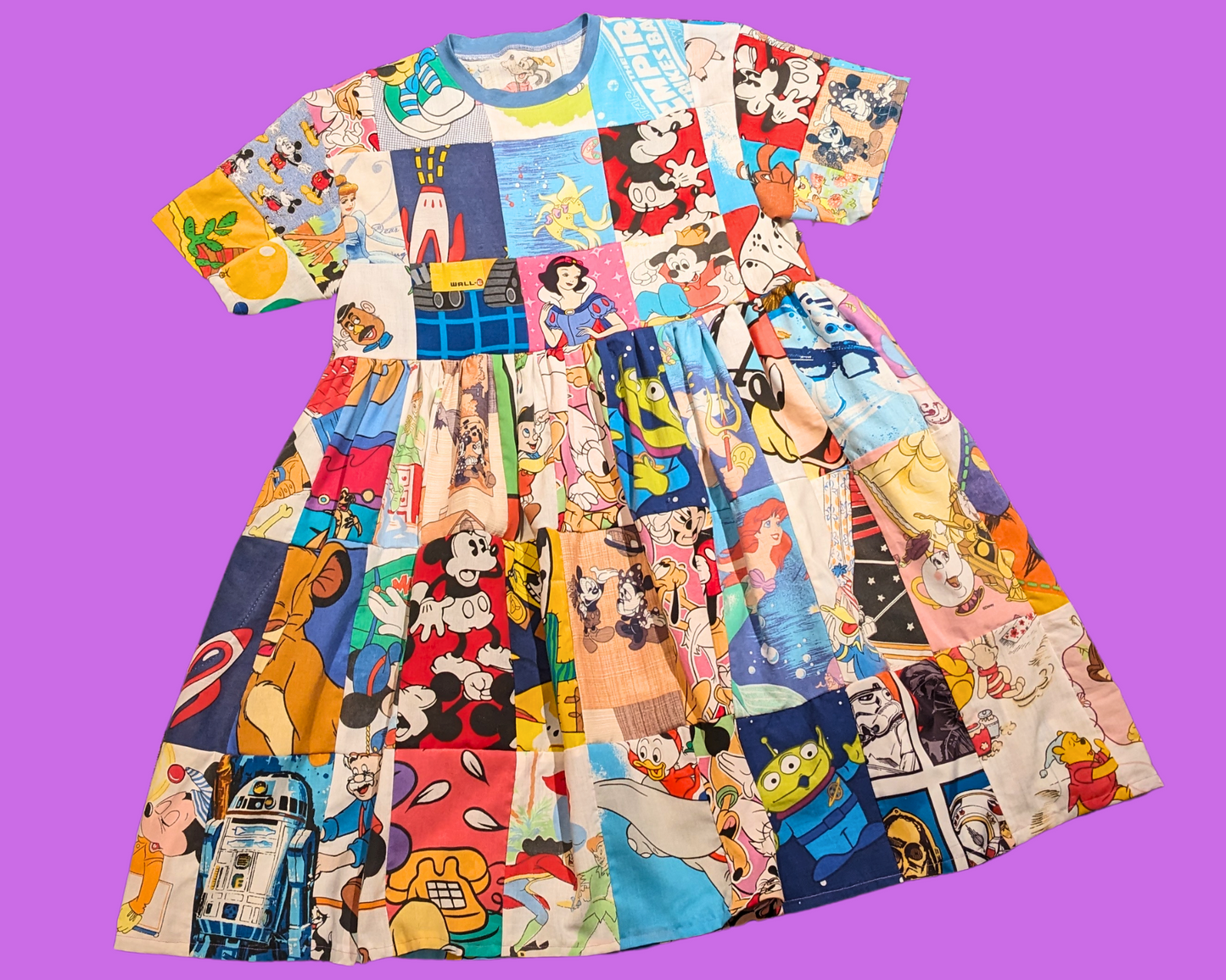 Handmade, Upcycled Walt Disney Patchwork T-Shirt Dress Fits S-M-L-XL