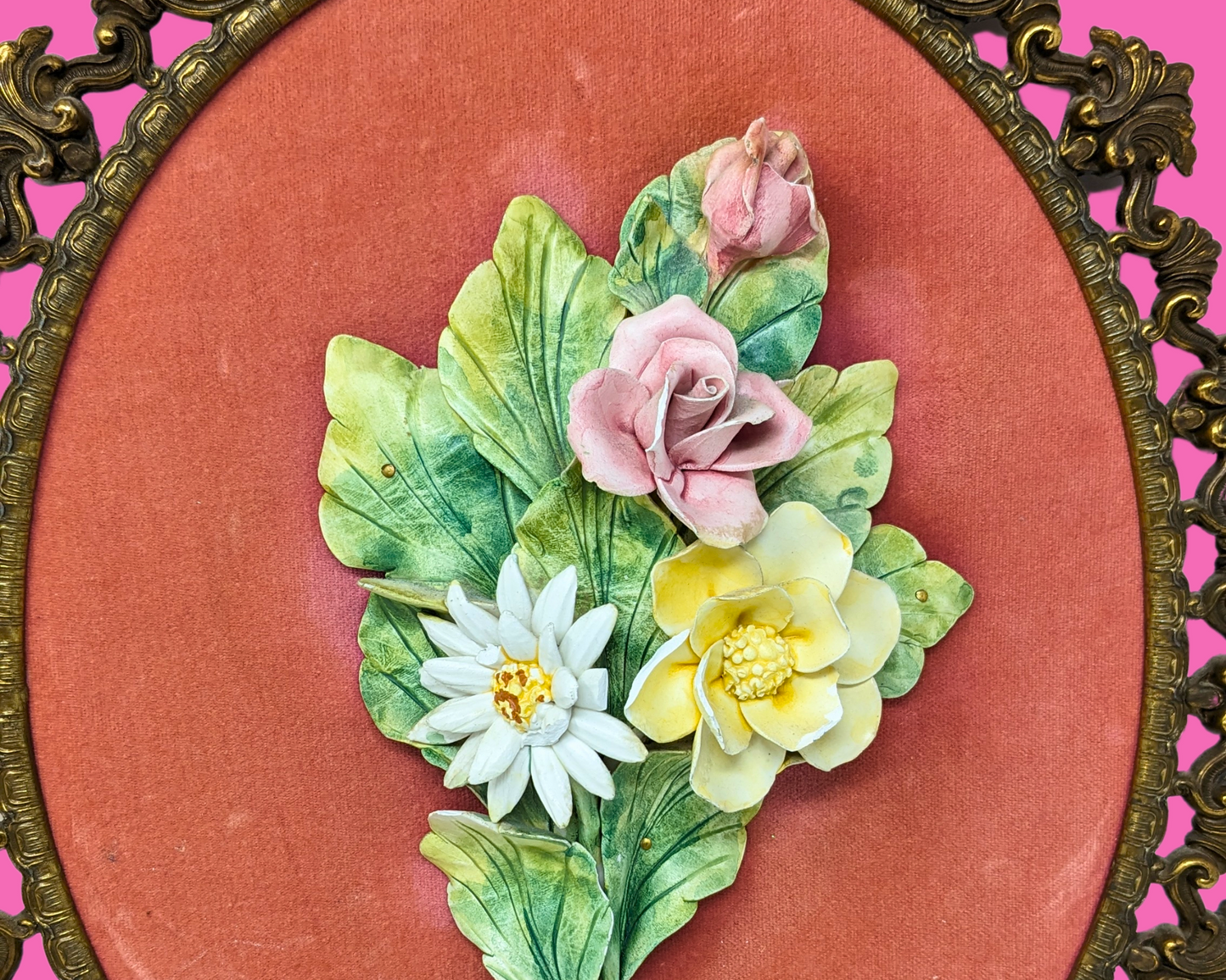 Vintage 1960's Oval Gold, Metal Tray with Ceramic Flowers