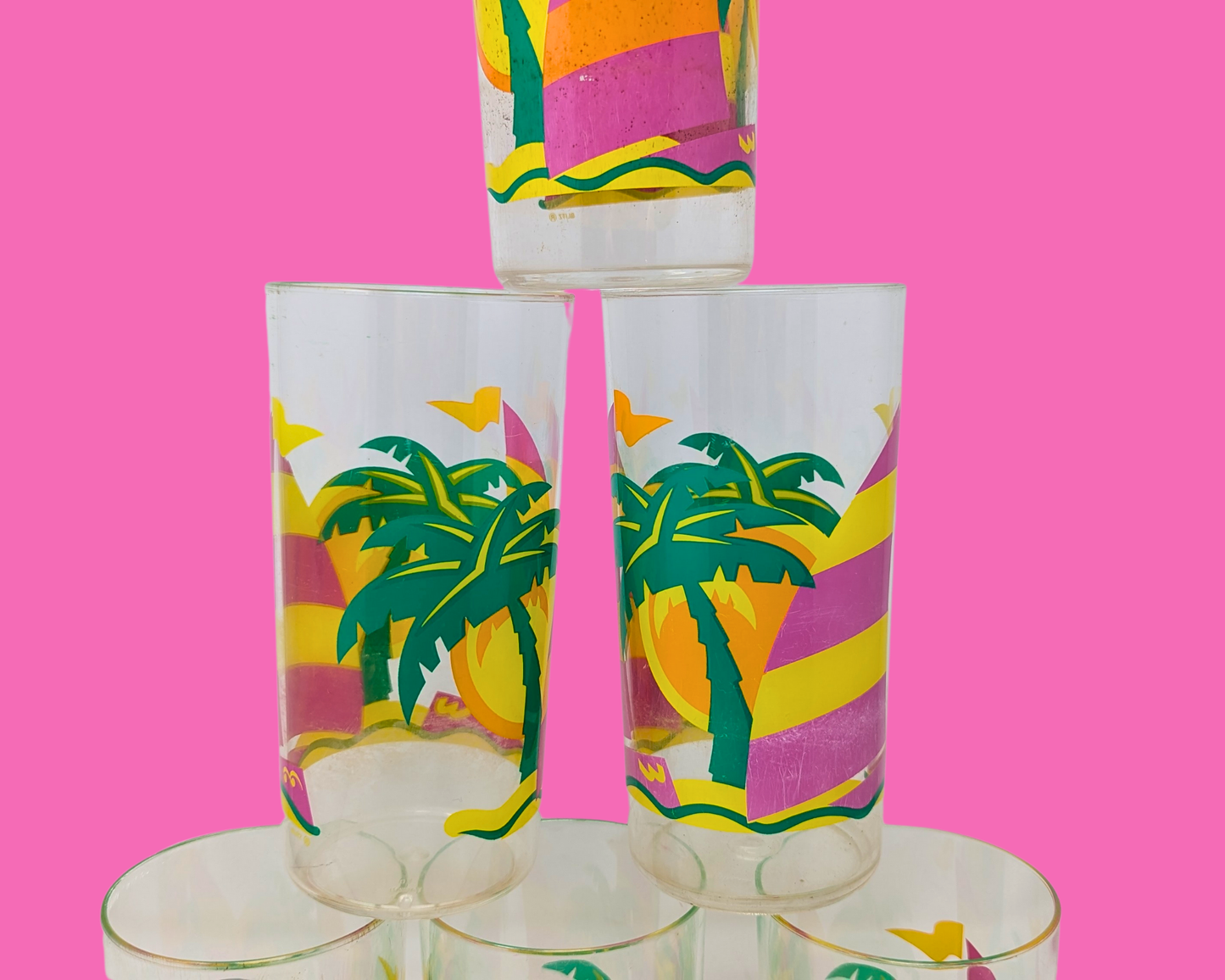 Vintage 1990's Exotic Design, Kitsch, 6 Plastic Glasses