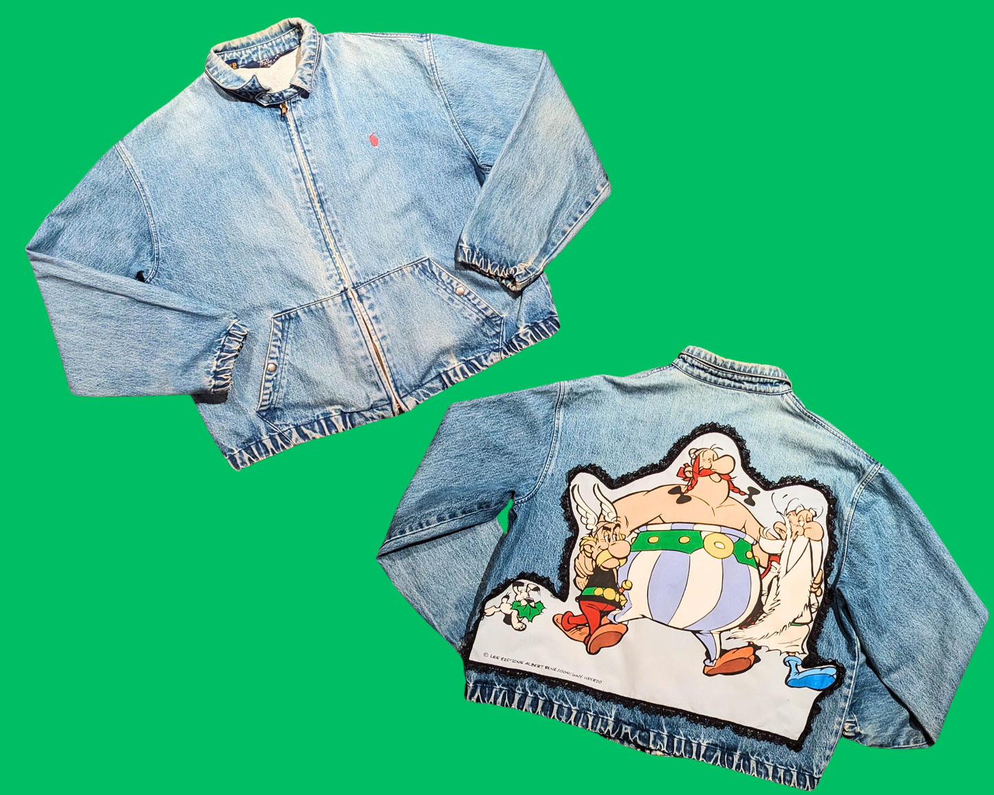 Handmade, Upcycled Denim Ralph Lauren Jacket Patched Up with a RARE Astérix & Obélix Pillow Case Fits Size XL