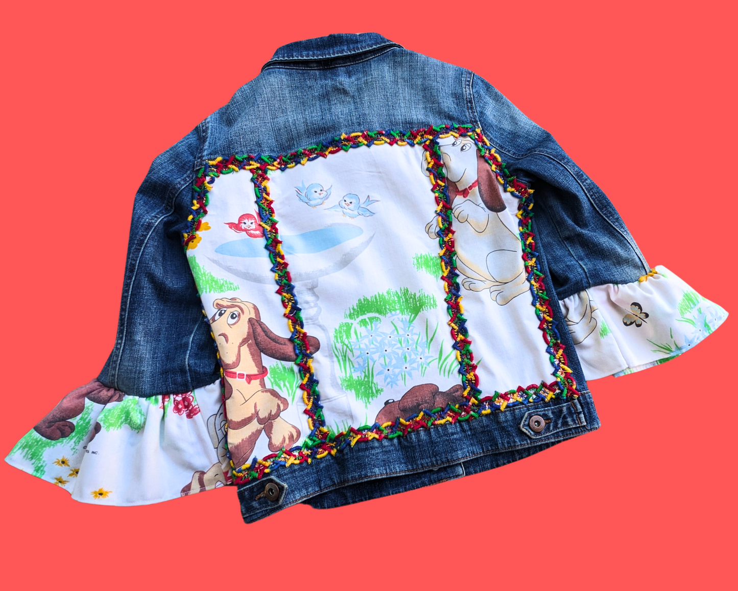 Handmade, Upcycled Denim Jacket Patched Up with Bedsheets Scraps of Pound Puppies Size S-M