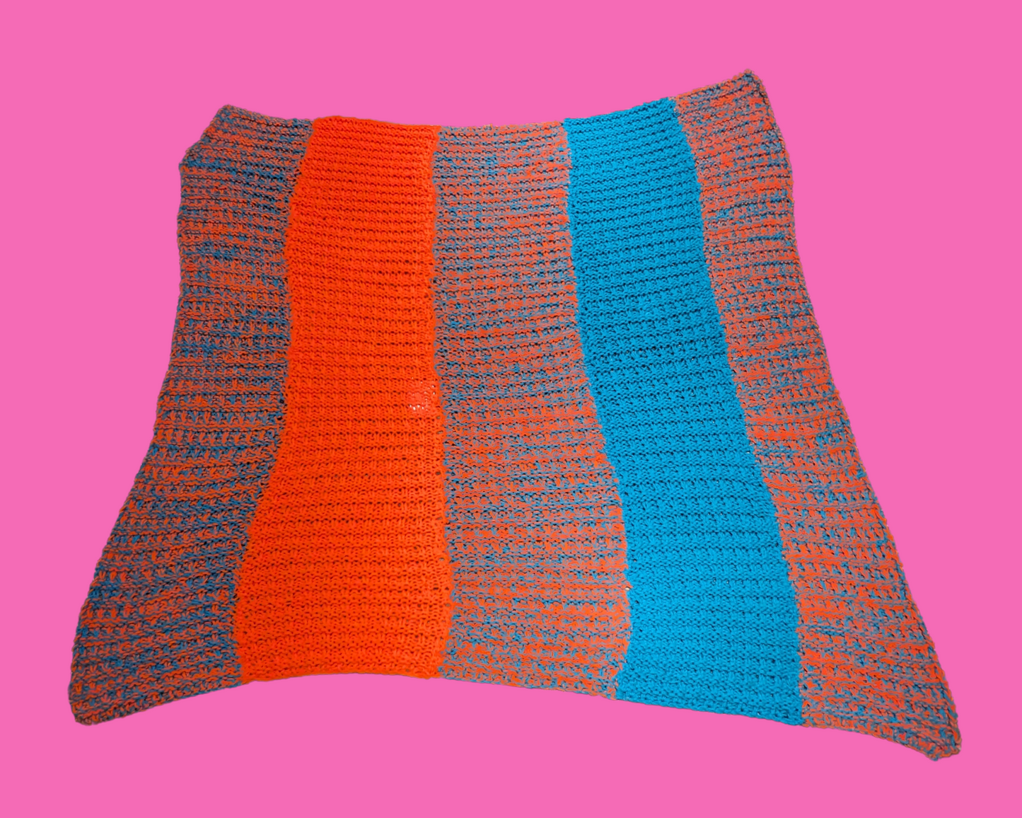 Vintage 1980's Orange and Turquoise Blue, Wool Crochet Blanket