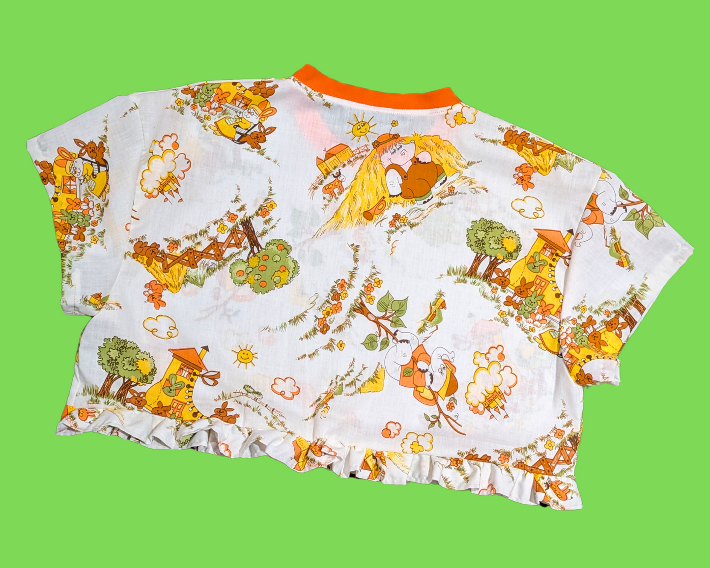 Handmade, Upcycled Vintage 1960's Animals Patterned Bedsheet Crop Top Fits Size S to XL