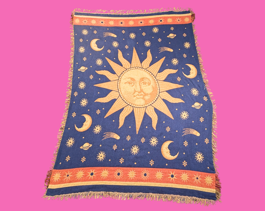 Vintage 1990's Boho Celestial Sun and Moon Decorative Throw Blanket