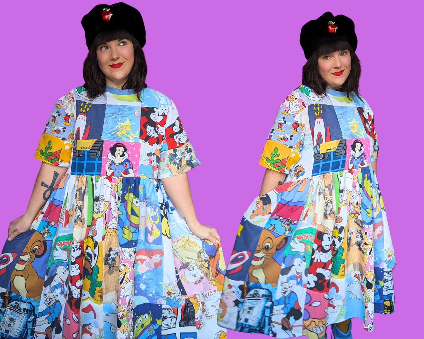 Handmade, Upcycled Walt Disney Patchwork T-Shirt Dress Fits S-M-L-XL