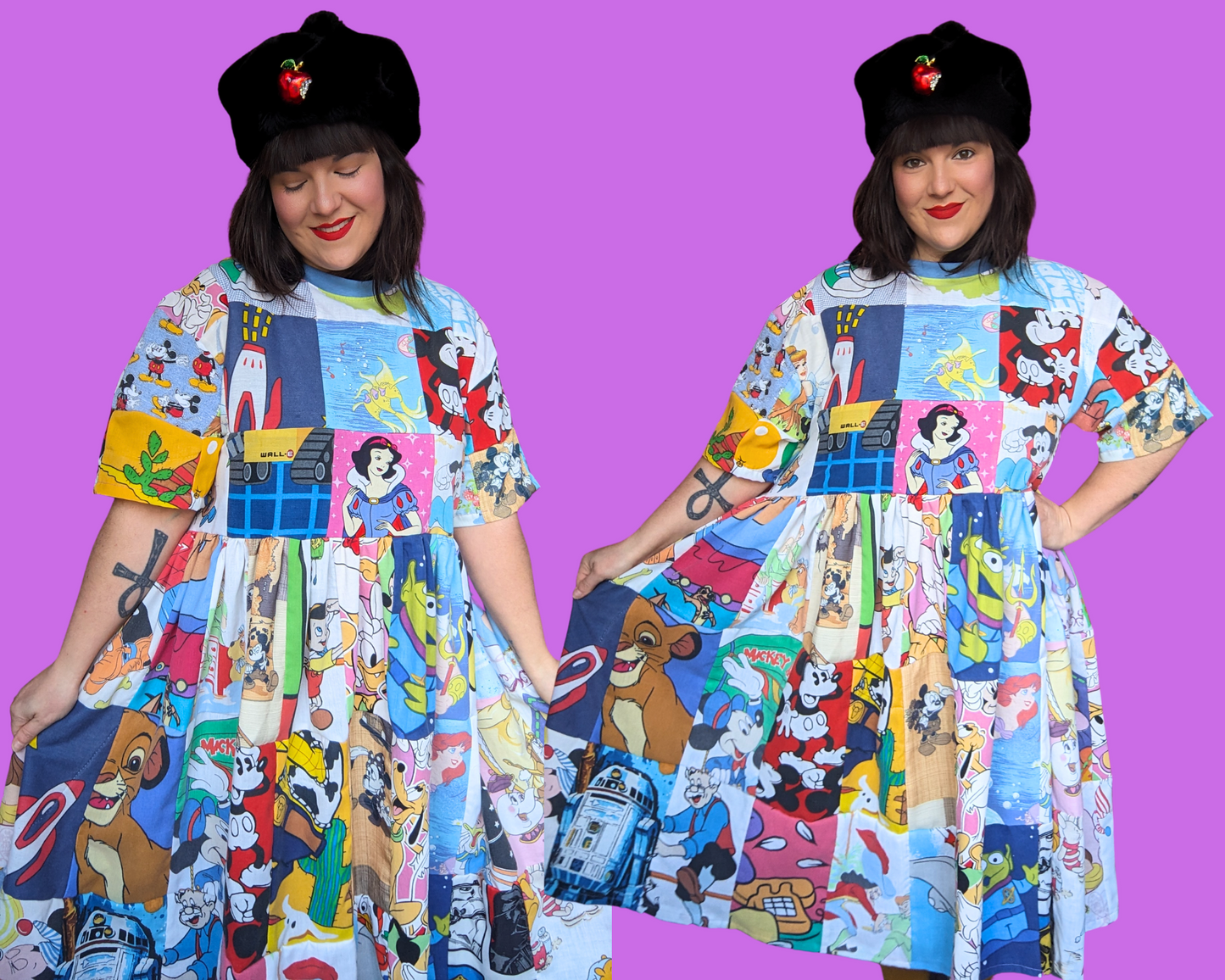 Handmade, Upcycled Walt Disney Patchwork T-Shirt Dress Fits S-M-L-XL