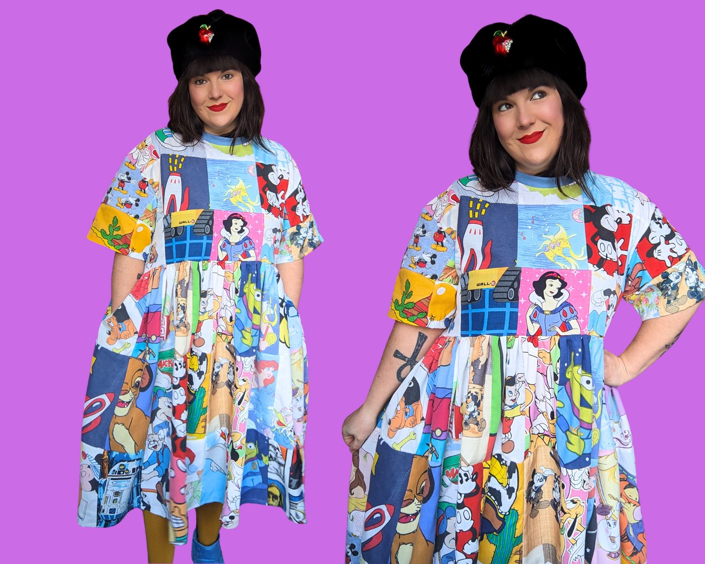 Handmade, Upcycled Walt Disney Patchwork T-Shirt Dress Fits S-M-L-XL