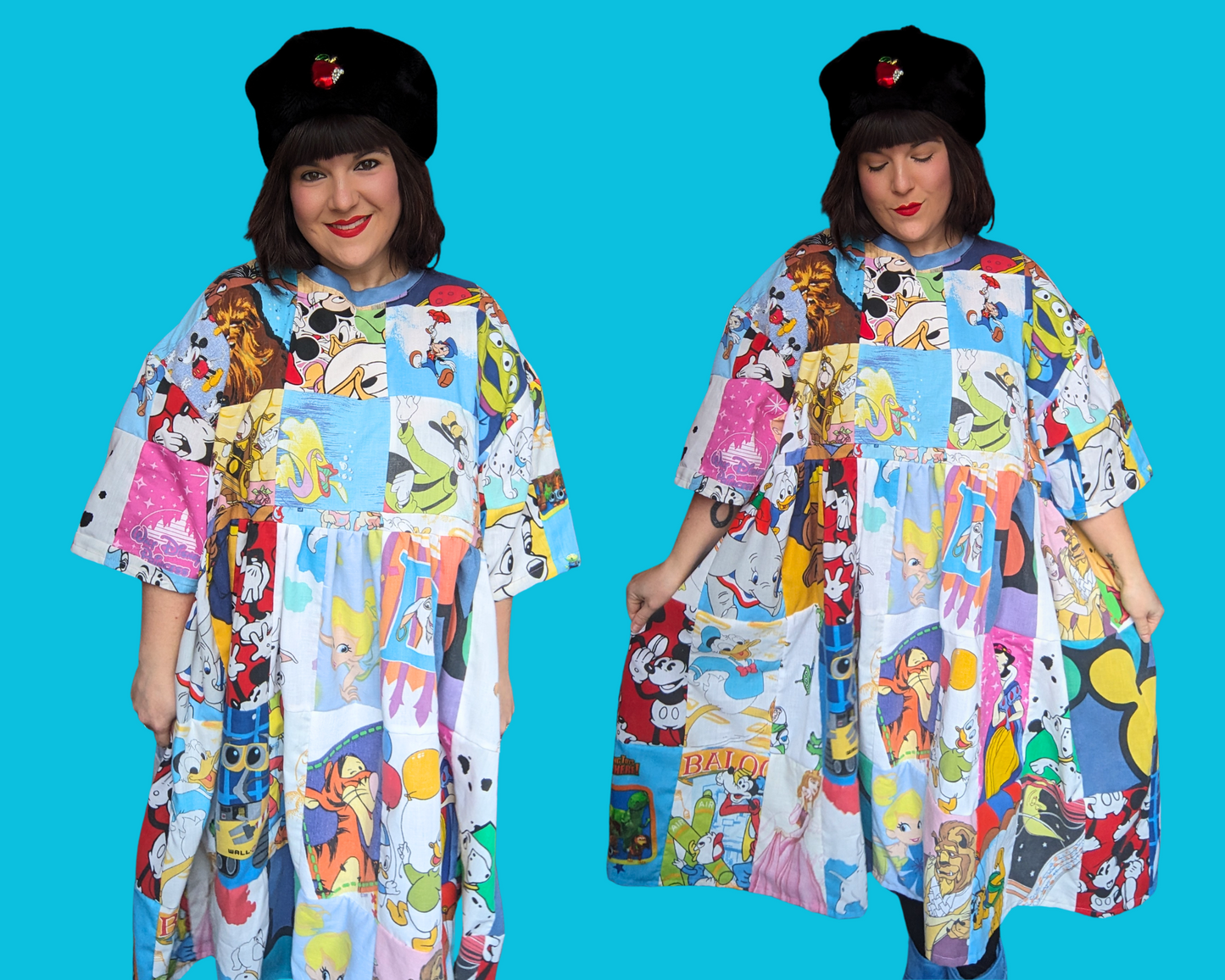 Handmade, Upcycled Walt Disney Patchwork T-Shirt Dress Fits Size 2XL