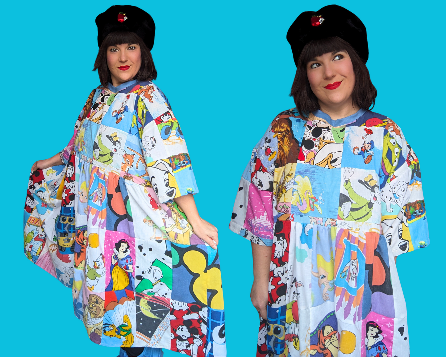 Handmade, Upcycled Walt Disney Patchwork T-Shirt Dress Fits Size 2XL