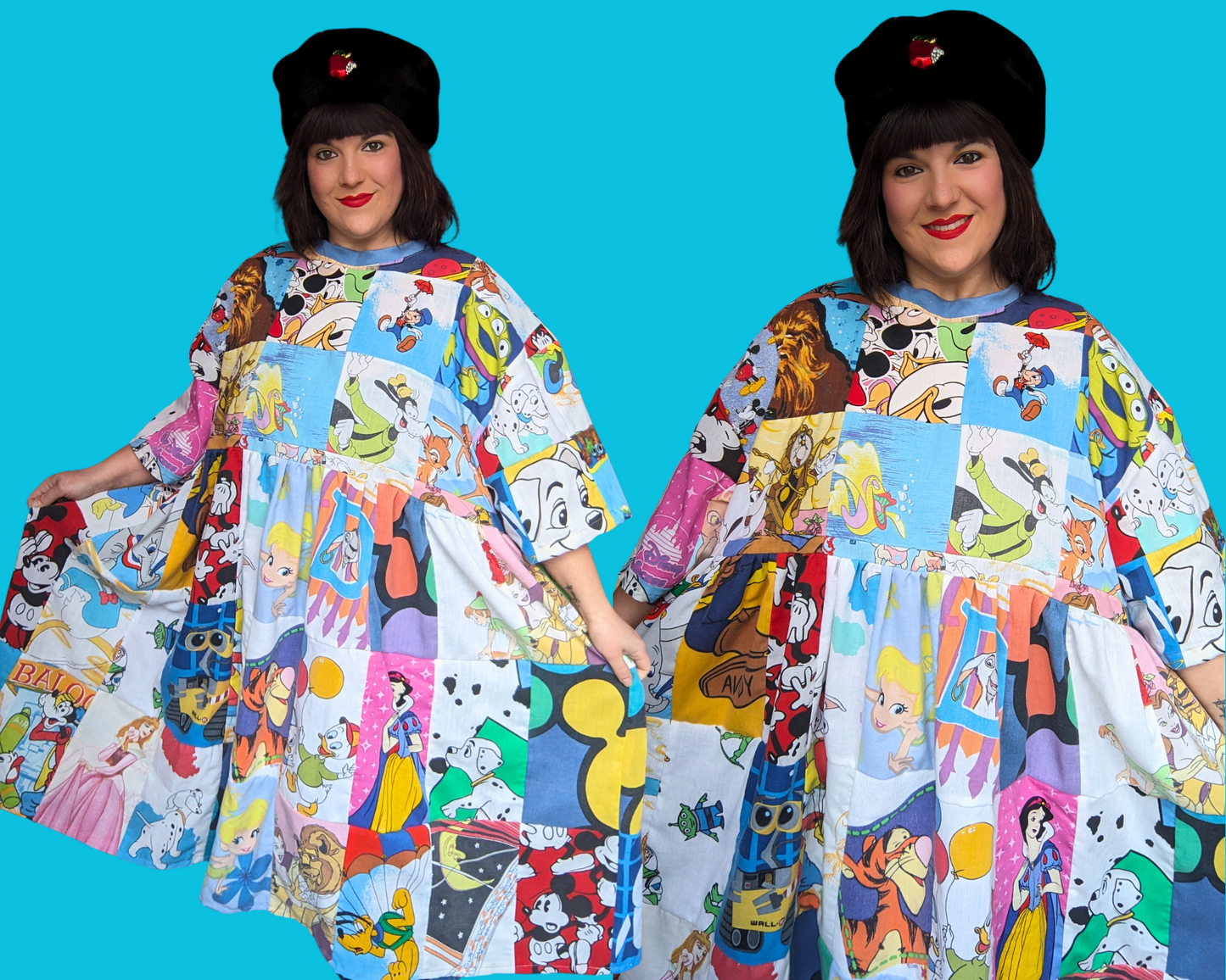 Handmade, Upcycled Walt Disney Patchwork T-Shirt Dress Fits Size 2XL