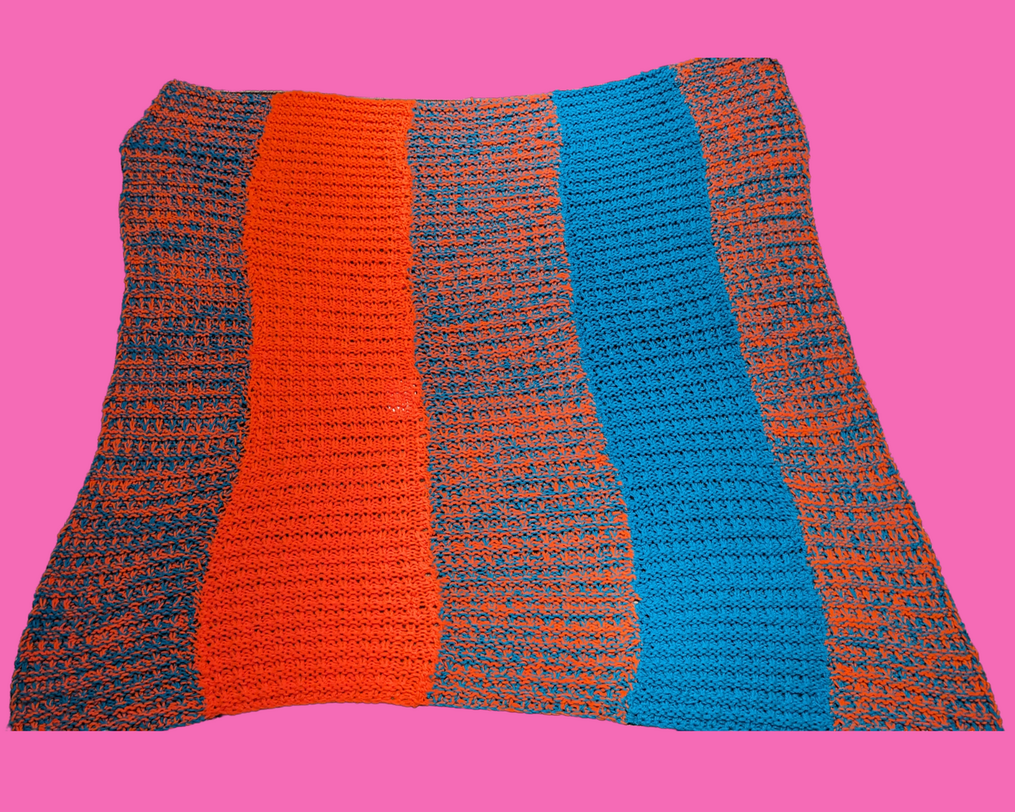 Vintage 1980's Orange and Turquoise Blue, Wool Crochet Blanket