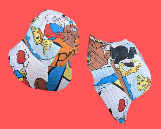 Walt Disney's Pinocchio Reversible Bucket Hats For Adults Made from Vintage, Upcycled Pinocchio Bedsheet