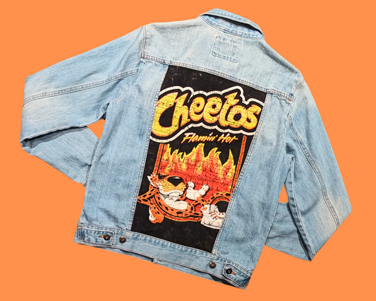 Handmade, Upcycled Forever 21 Men, Cheetos Denim Jacket Size M