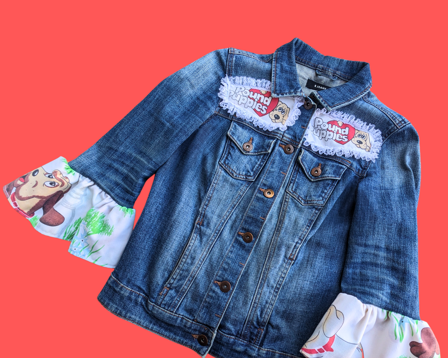 Handmade, Upcycled Denim Jacket Patched Up with Bedsheets Scraps of Pound Puppies Size S-M