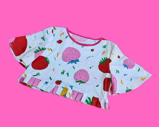 Handmade, Upcycled Strawberry Patterned Blouse Size M with Matching Bucket Hat