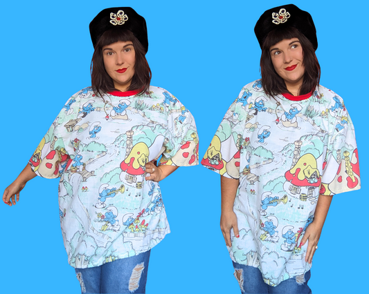 Handmade, Upcycled The Smurfs Bedsheet T-Shirt Oversized XL