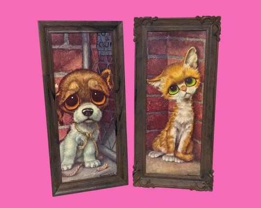 Vintage 1960's Set of Two Plastic Frames, Cat and Dog Paintings on Prints Made in the USA