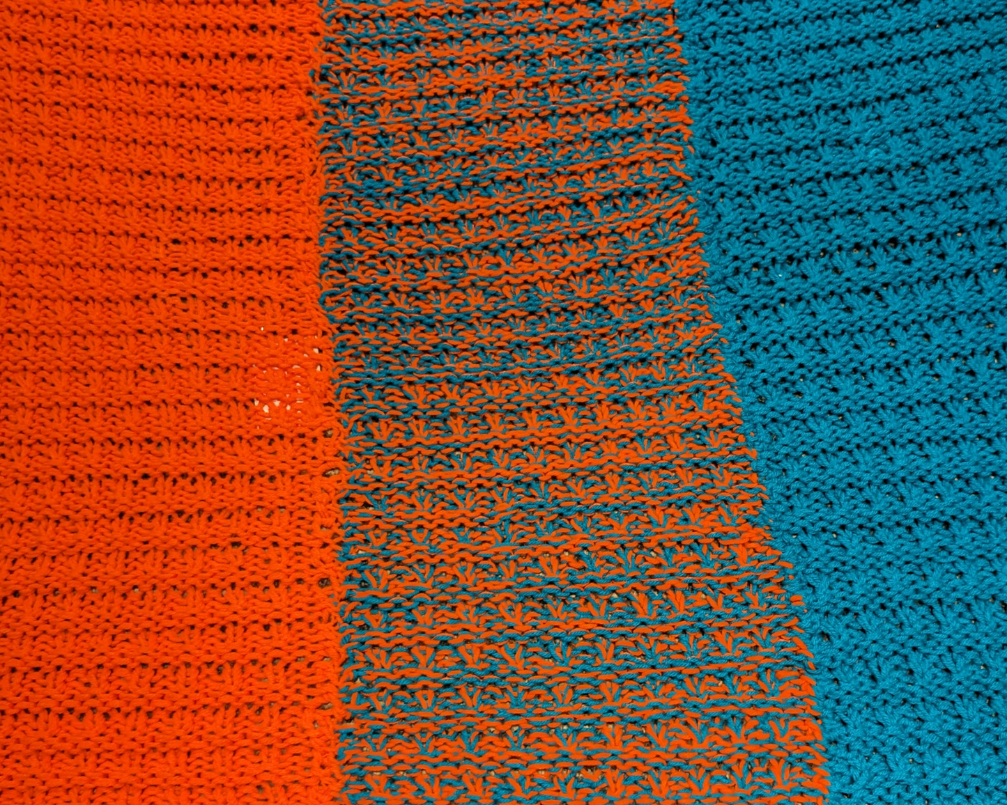 Vintage 1980's Orange and Turquoise Blue, Wool Crochet Blanket