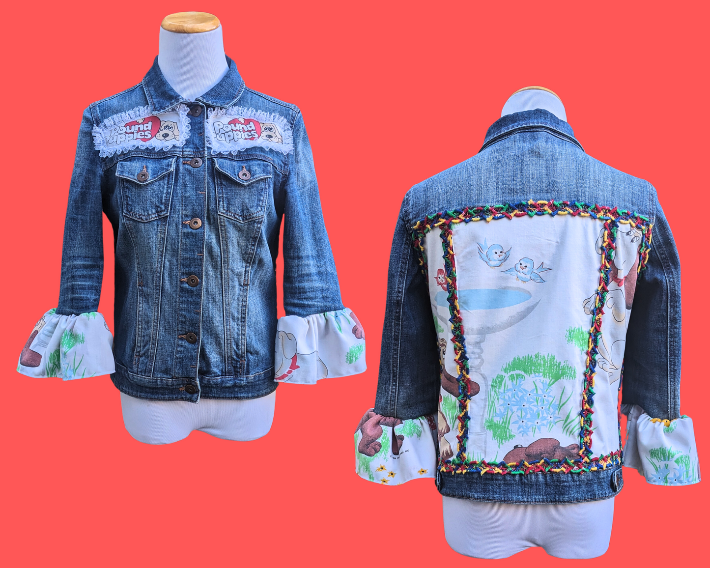 Handmade, Upcycled Denim Jacket Patched Up with Bedsheets Scraps of Pound Puppies Size S-M