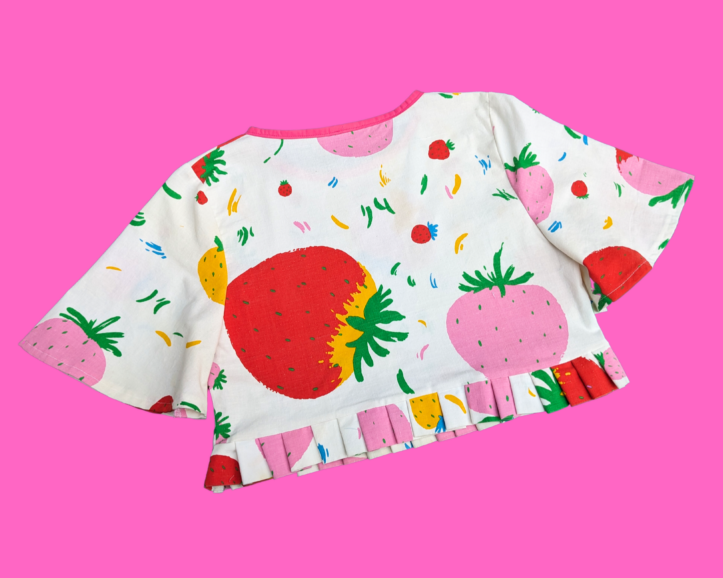 Handmade, Upcycled Strawberry Patterned Blouse Size M with Matching Bucket Hat