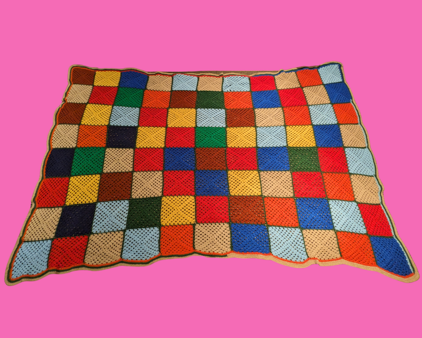 Vintage 1980's Rainbow, Wool Crochet Blanket