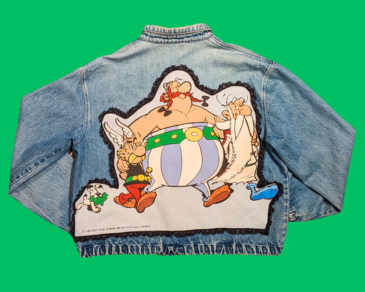 Handmade, Upcycled Denim Ralph Lauren Jacket Patched Up with a RARE Astérix & Obélix Pillow Case Fits Size XL