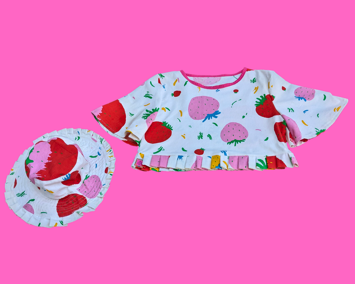 Handmade, Upcycled Strawberry Patterned Blouse Size M with Matching Bucket Hat