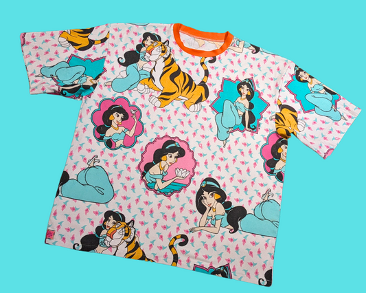 Handmade, Upcycled Aladdin, Jasmine and Rajah Flannel Bedsheet T-Shirt Size 2XL