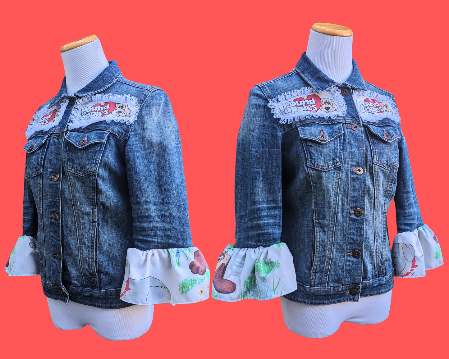 Handmade, Upcycled Denim Jacket Patched Up with Bedsheets Scraps of Pound Puppies Size S-M