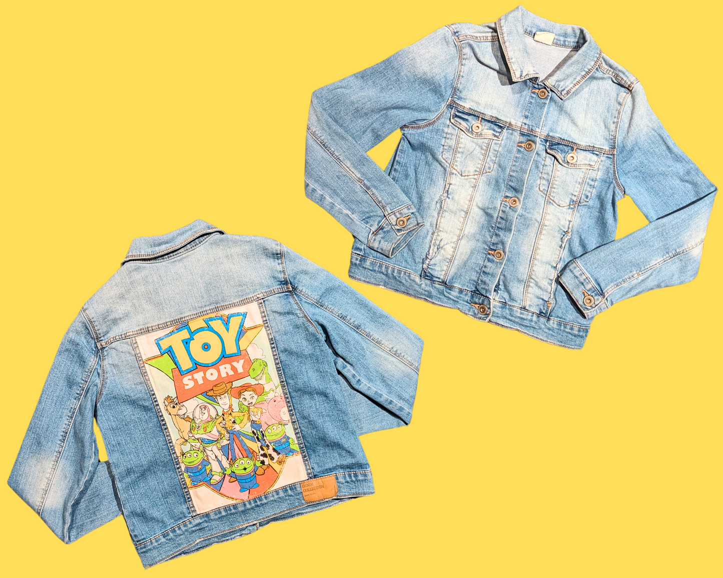 Handmade, Upcycled Denim Jacket Patched Up with a Toy Story T-Shirt Fits Size S-M for Kids, Girls Size 11-12