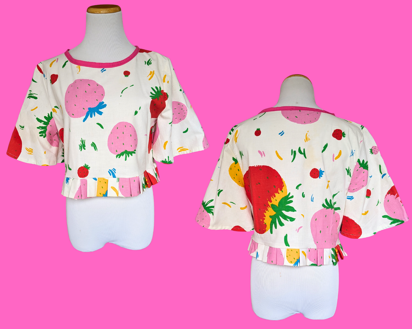 Handmade, Upcycled Strawberry Patterned Blouse Size M with Matching Bucket Hat