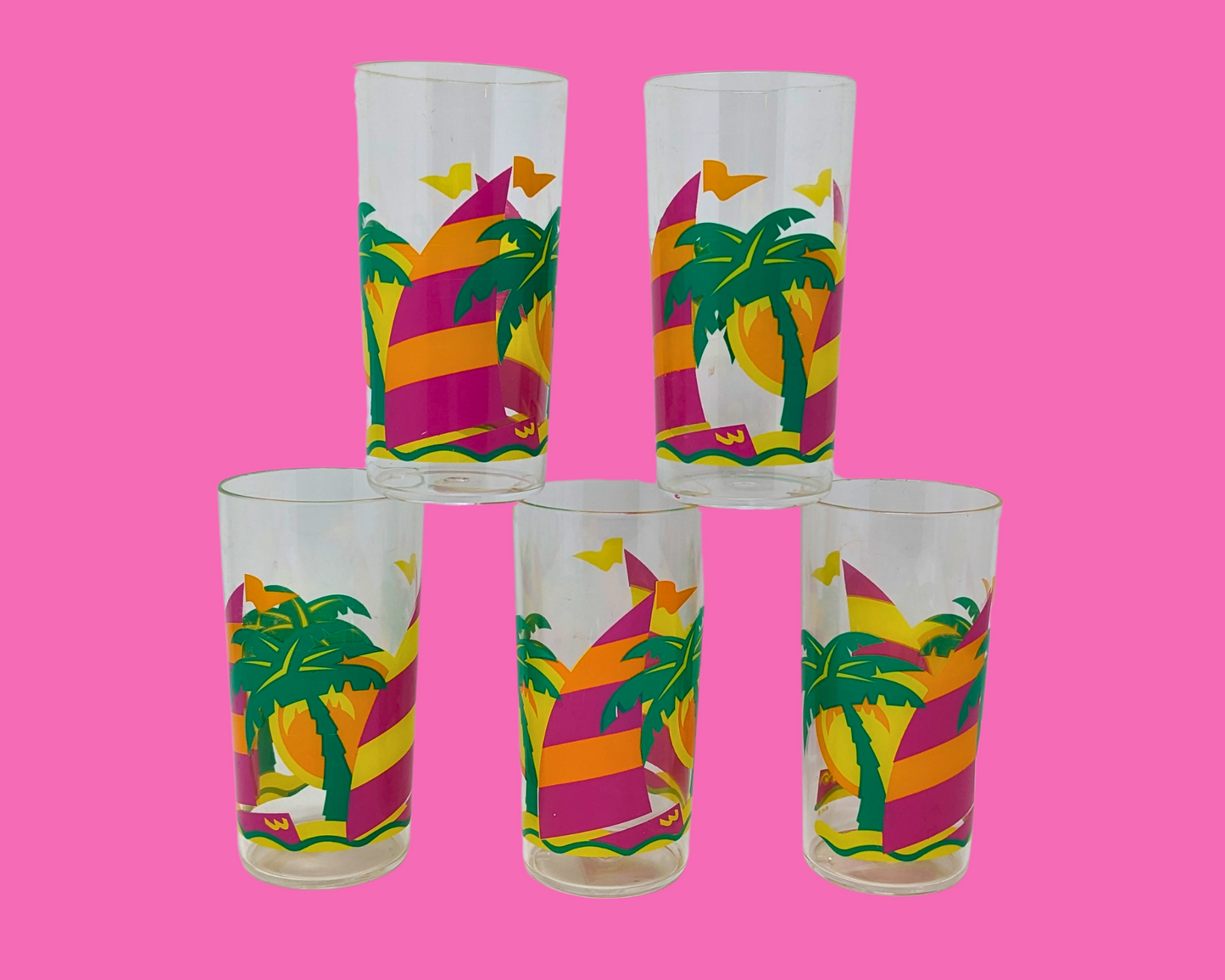 Vintage 1990's Exotic Design, Kitsch, 5 Plastic Glasses