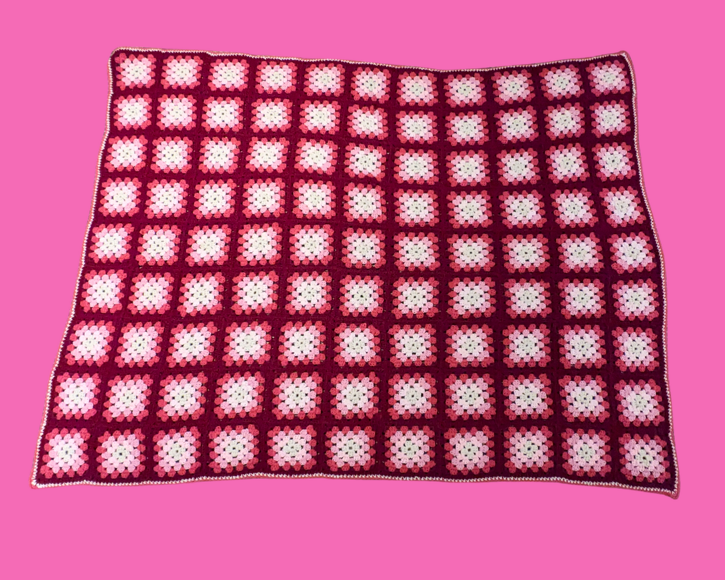 Vintage 1980's Pink and White Wool Crochet Blanket