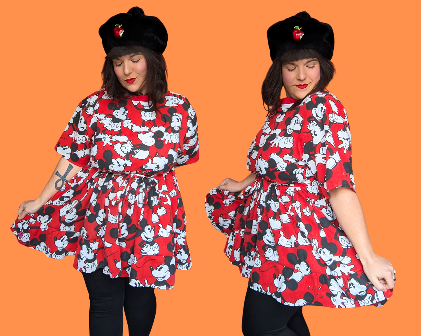 Handmade, Upcycled Walt Disney's Mickey Mouse Red Bedsheet T-Shirt Dress Fits S-M-L-XL