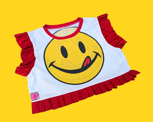 Handmade, Upcycled Vintage 1990's Smiley Face Crop Top Oversized XS - Fits Like A Size M