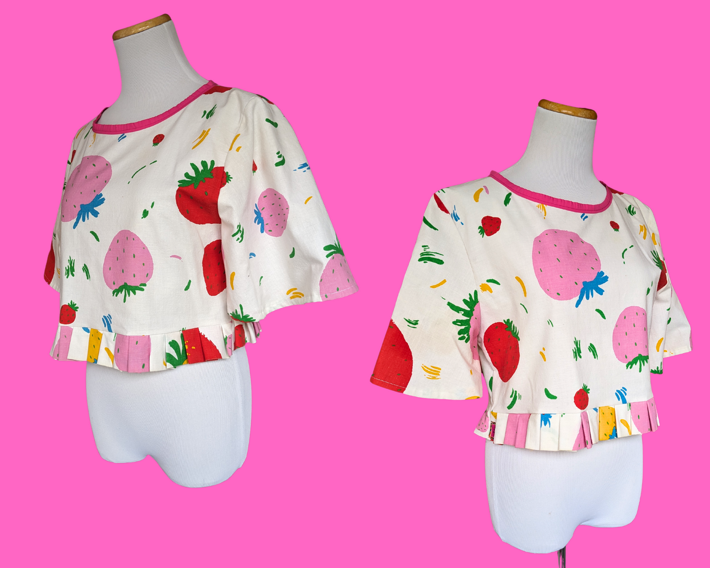 Handmade, Upcycled Strawberry Patterned Blouse Size M with Matching Bucket Hat