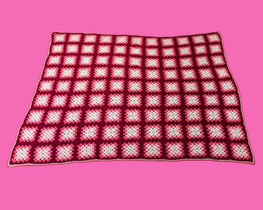 Vintage 1980's Pink and White Wool Crochet Blanket