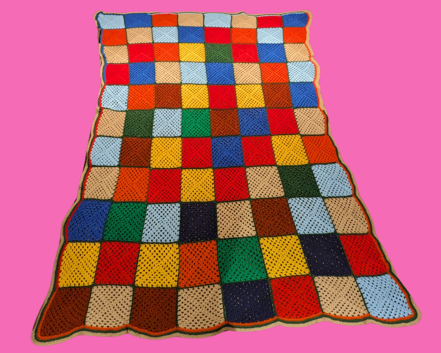 Vintage 1980's Rainbow, Wool Crochet Blanket