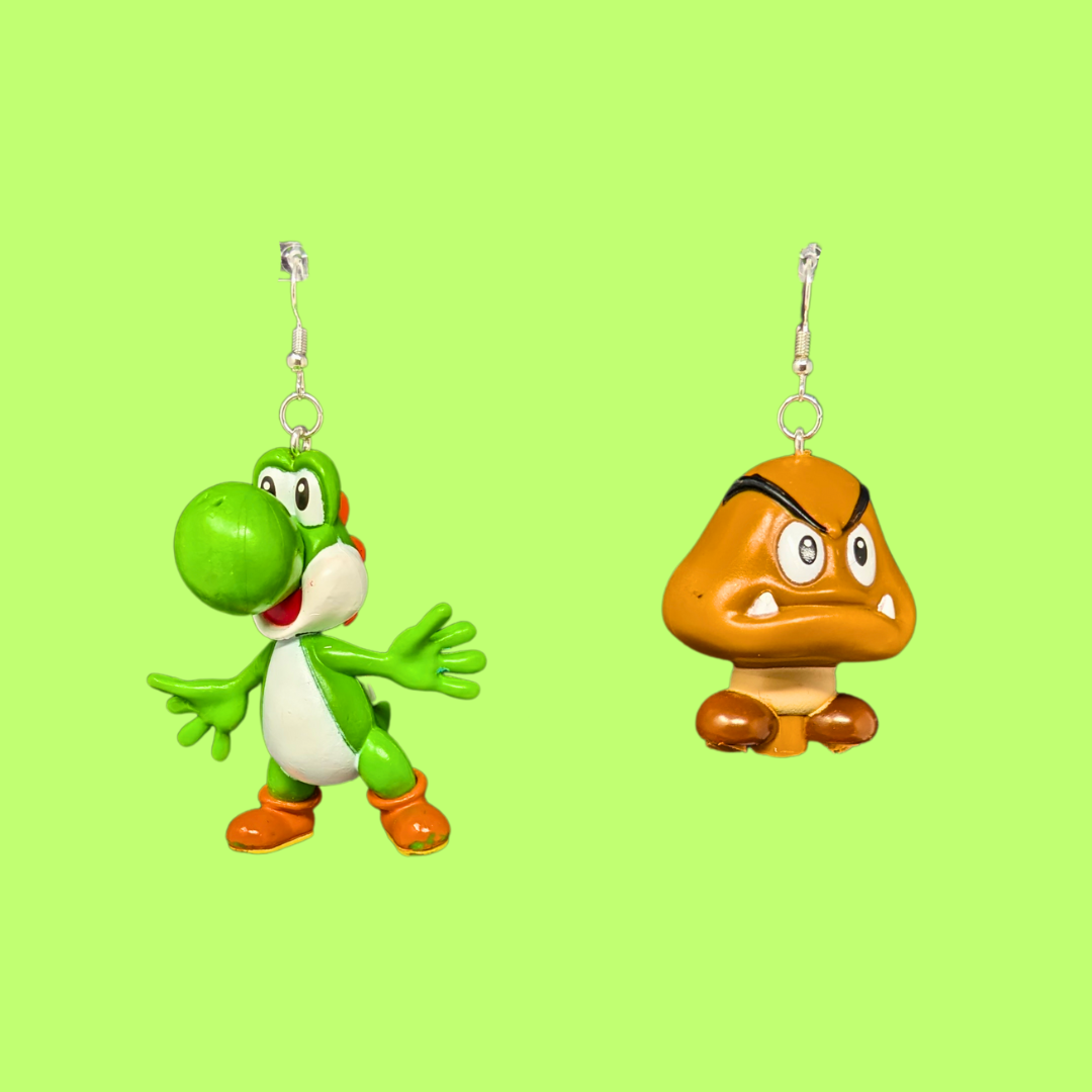 Handmade, Upcycled Super Mario Bros. Yoshi and Goomba Earrings