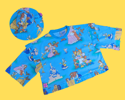 Handmade, Upcycled Vintage 1990's Beauty and the Beast Bedsheet Crop Top Size M-L-XL with Matching Bucket Hat