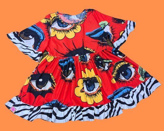 Handmade, Upcycled Groovy Eyes Patterned Dress L-XL