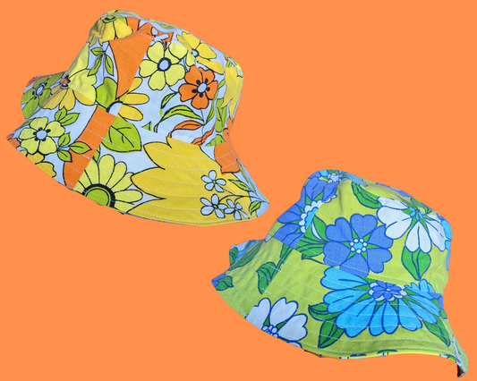 Groovy, Floral Reversible Bucket Hats For Adults Made from Vintage, Upcycled Floral 1960's Bedsheet