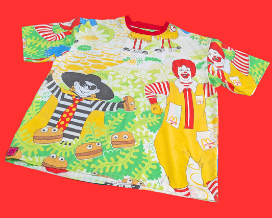 Handmade, Upcycled McDonald's Bedsheet T-Shirt Oversized XL with Matching Bucket Hat