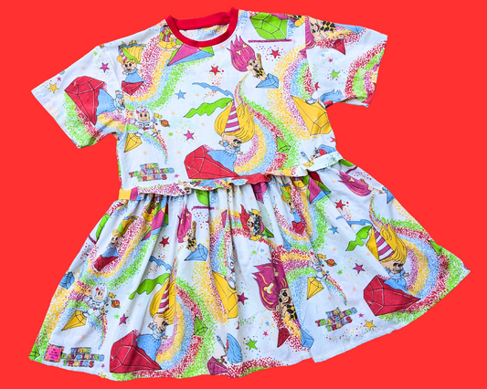 Handmade, Upcycled Vintage 1980's Time Traveling Trolls Bedsheet T-Shirt Dress Fits S-M-L-XL