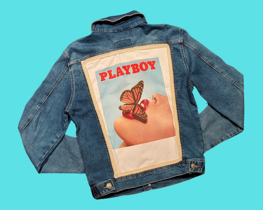 Handmade, Upcycled Denim Jacket with a Playboy T-Shirt Size M