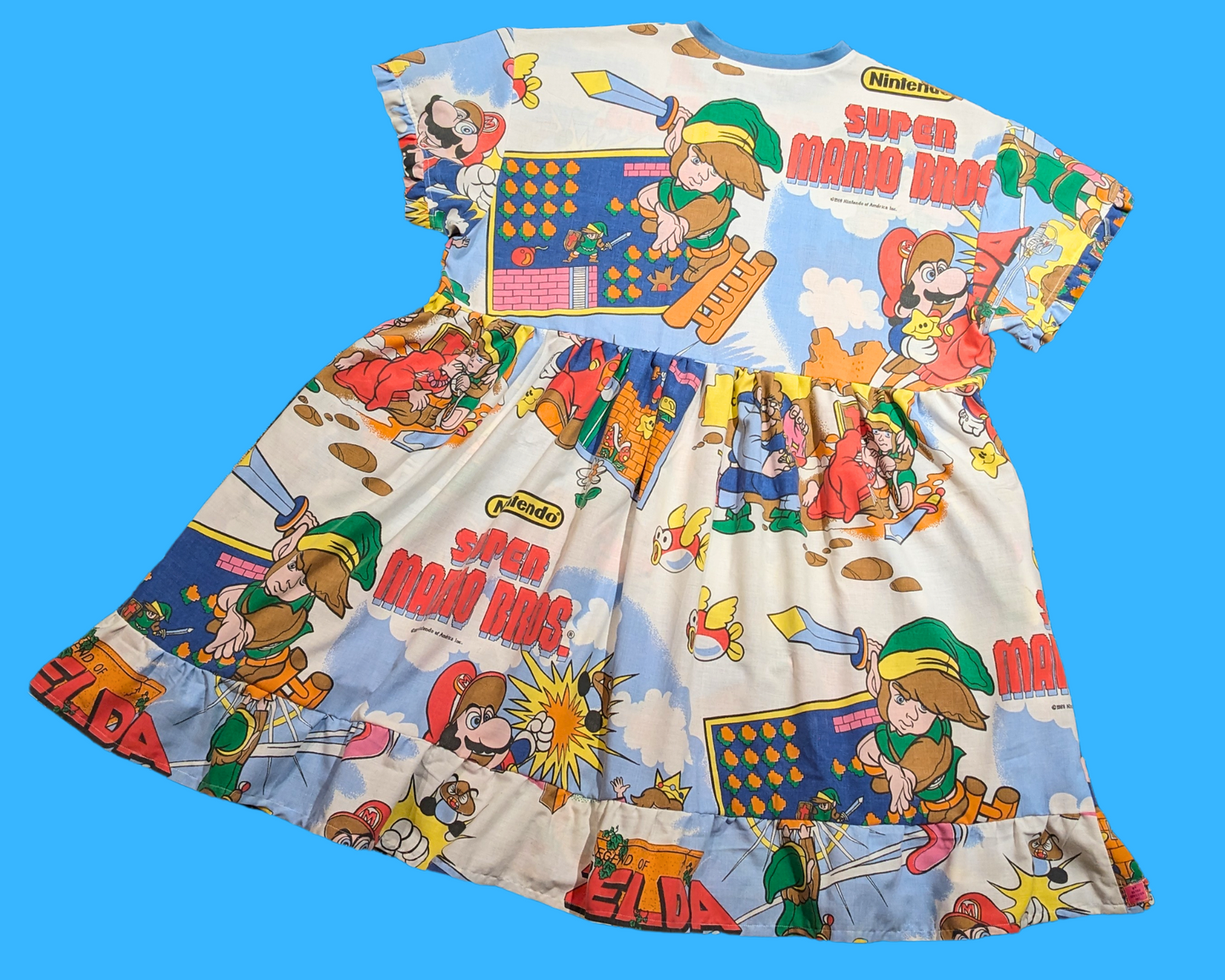 Handmade, Upcycled Nintendo 1988 Super Mario Bros and Zelda Bedsheet T-Shirt Dress Fits 2XL