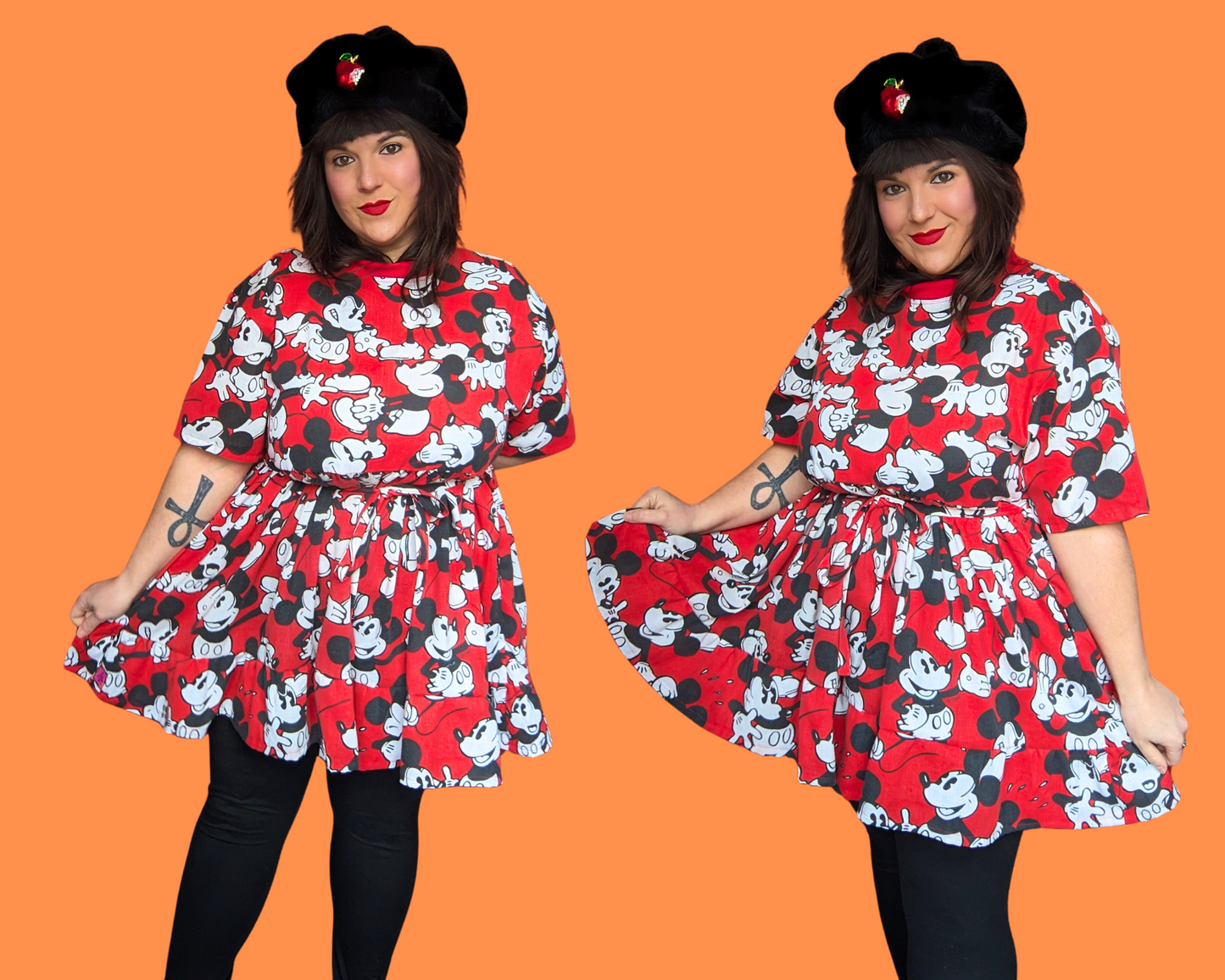 Handmade, Upcycled Walt Disney's Mickey Mouse Red Bedsheet T-Shirt Dress Fits S-M-L-XL