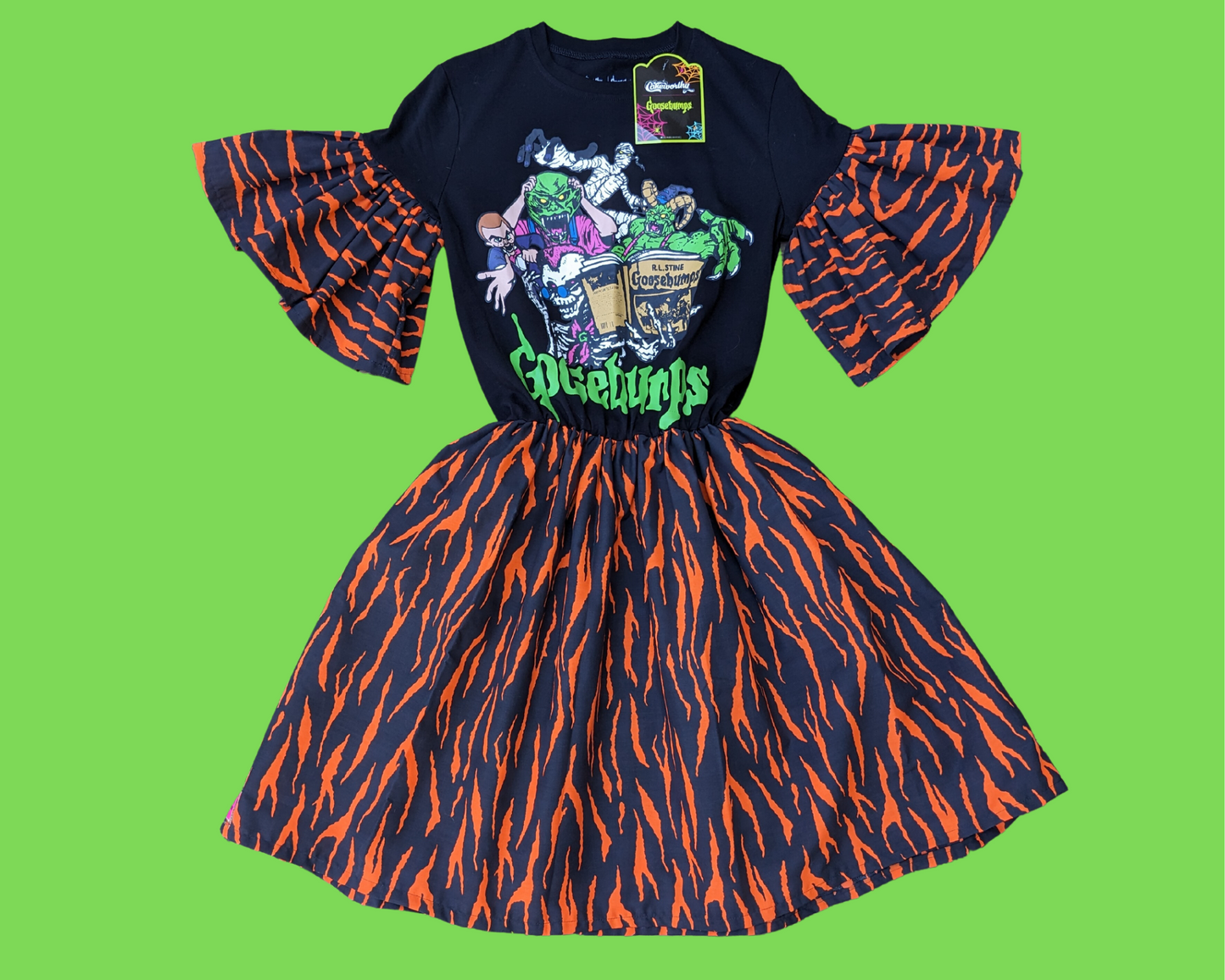 Handmade, Upcycled Goosebumps T-Shirt Dress from Cakeworthy (Brand New) with Orange and Black Fabric Size S