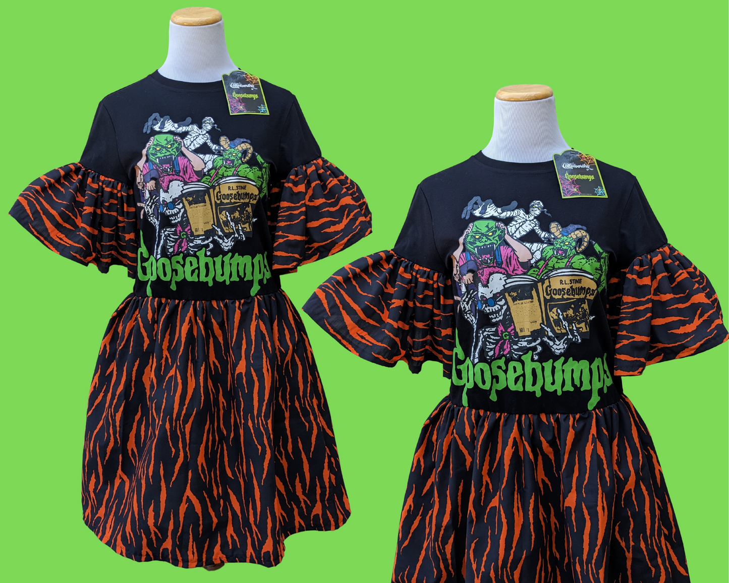 Handmade, Upcycled Goosebumps T-Shirt Dress from Cakeworthy (Brand New) with Orange and Black Fabric Size S